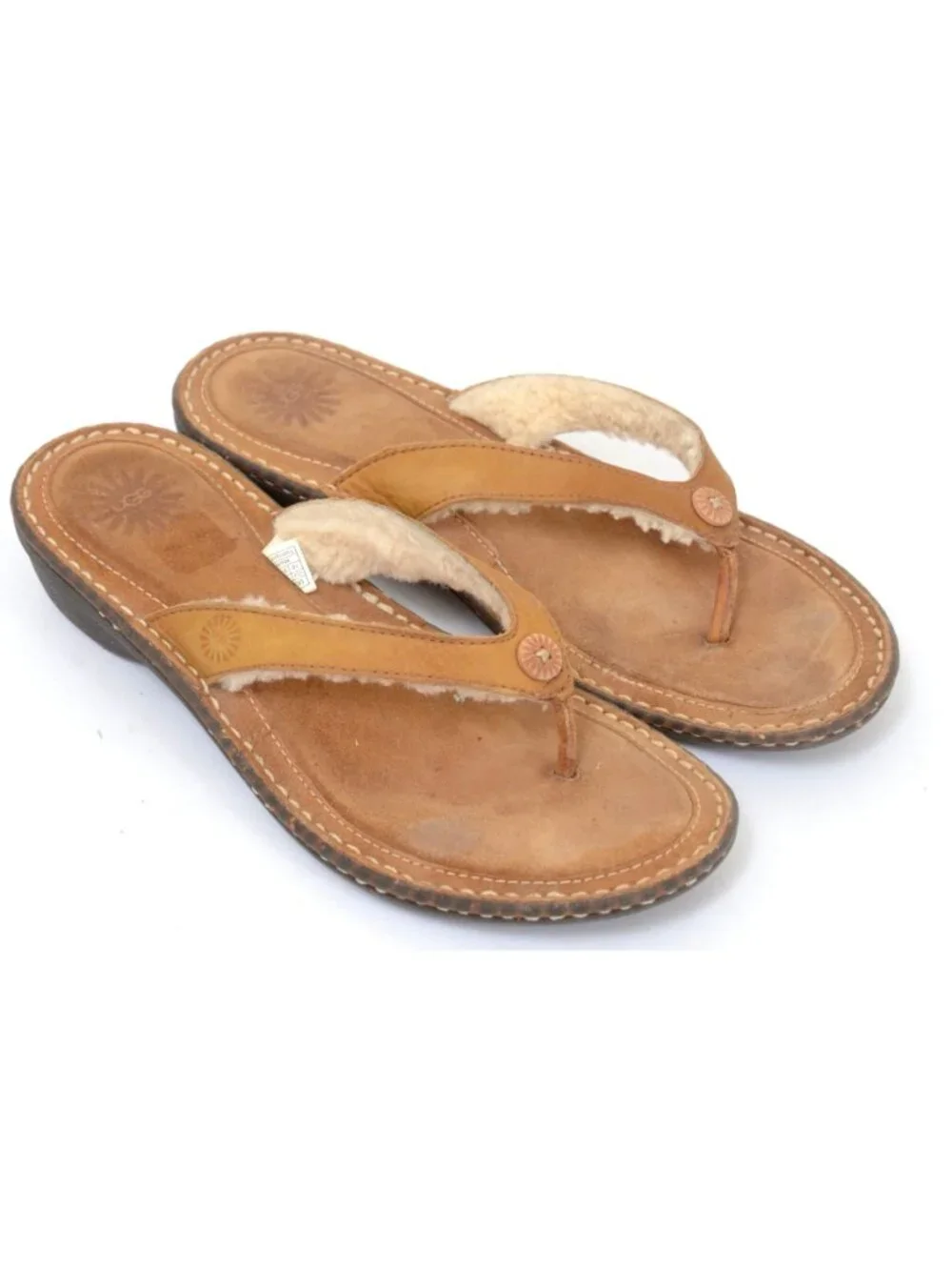 UGG Womens 10 Shearling Fur Leather Flip Flop Thong Slip-On Sandal Wedge